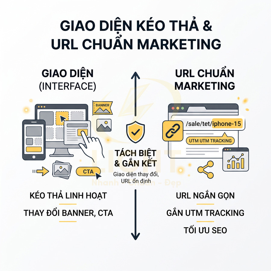 Minh họa giao diện kéo thả thay đổi banner CTA và tạo URL chuẩn marketing gắn UTM tối ưu SEO
