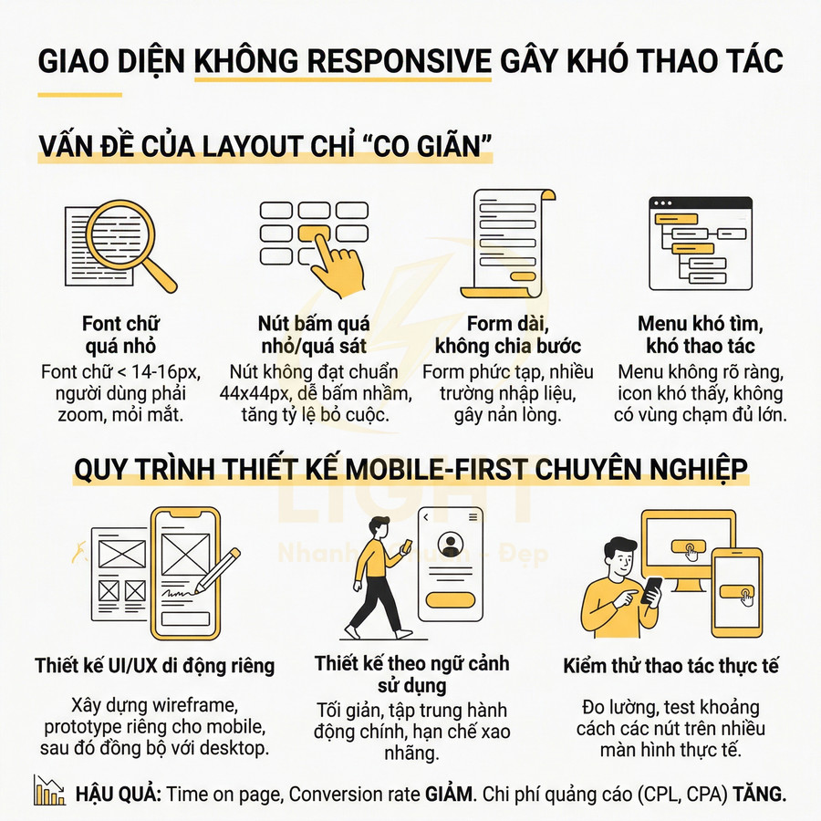 Infographic về giao diện web không responsive và quy trình thiết kế mobile first tối ưu trải nghiệm người dùng