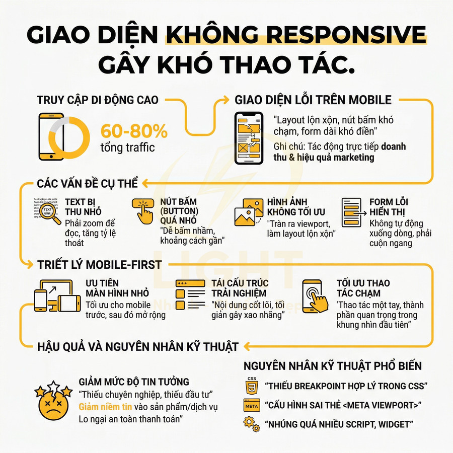 Infographic tiếng Việt về tác hại giao diện web không responsive trên mobile và các vấn đề UX UI phổ biến