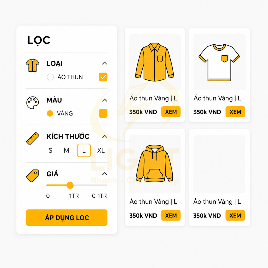 Giao diện lọc sản phẩm áo thun màu vàng size L và danh sách áo thun vàng giá 350k VND