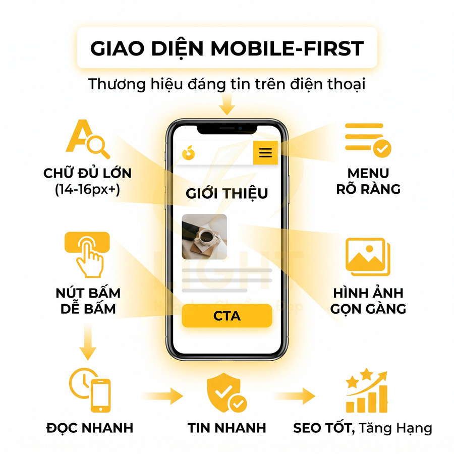 Giao diện mobile first trên điện thoại với chữ lớn, nút CTA nổi bật, menu rõ ràng và hình ảnh gọn gàng hỗ trợ SEO