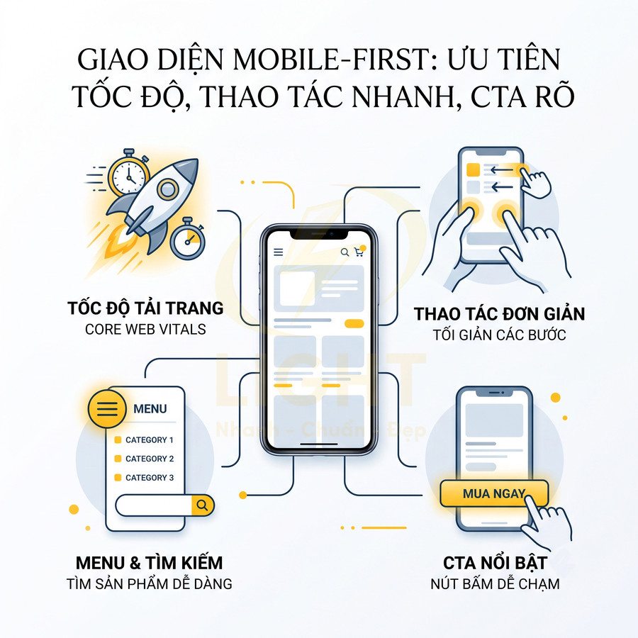 Giao diện mobile first trên điện thoại thông minh với tốc độ tải nhanh, menu dễ tìm và nút CTA mua ngay nổi bật