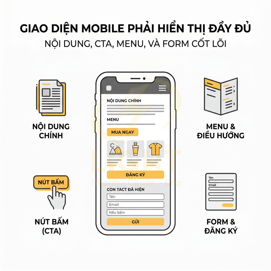 Minh họa giao diện mobile với nội dung chính, menu, nút bấm CTA và form đăng ký màu vàng trắng