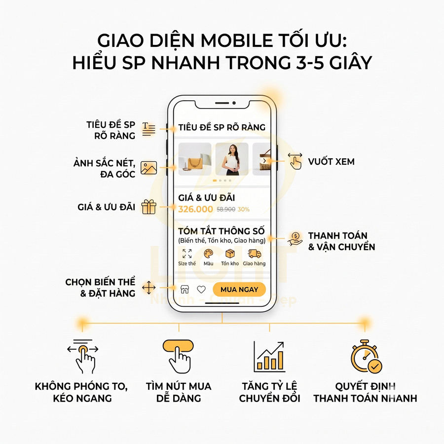 Giao diện mobile bán hàng tối ưu với ảnh sản phẩm rõ nét, giá ưu đãi, tóm tắt thông số và nút mua ngay nổi bật