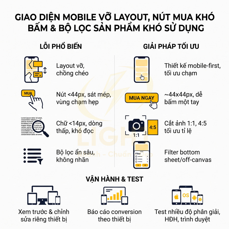 Hướng dẫn tối ưu giao diện mobile cho nút mua hàng và bộ lọc sản phẩm, so sánh lỗi phổ biến và giải pháp cải thiện