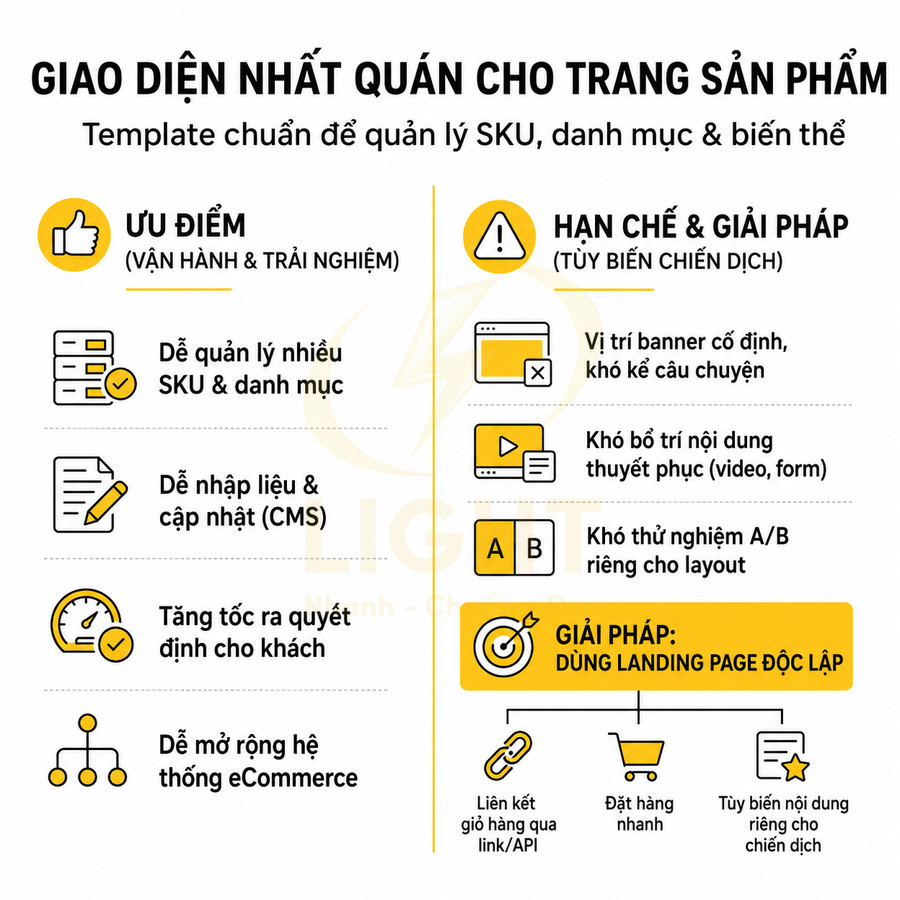 Mẫu giao diện nhất quán cho trang sản phẩm, so sánh ưu điểm và hạn chế, đề xuất dùng landing page độc lập