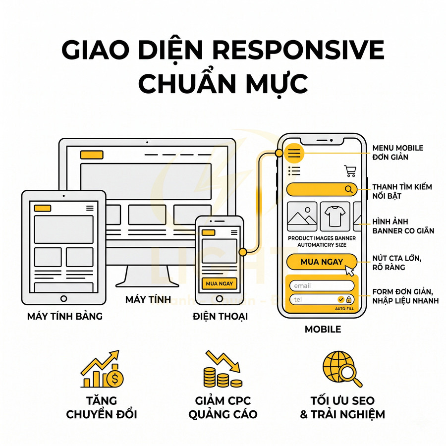 Giao diện website responsive trên máy tính, máy tính bảng và điện thoại, tối ưu mobile để tăng chuyển đổi và SEO