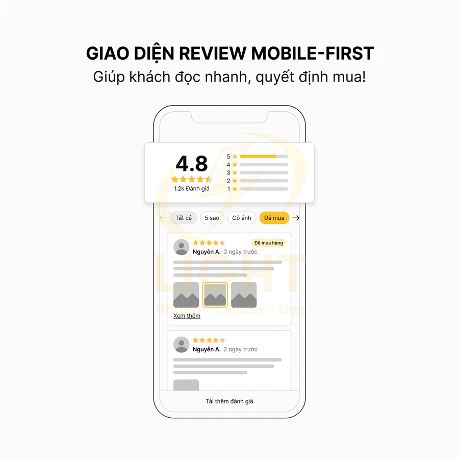 Giao diện đánh giá sản phẩm mobile first hiển thị điểm 4.8 sao và review chi tiết trên điện thoại