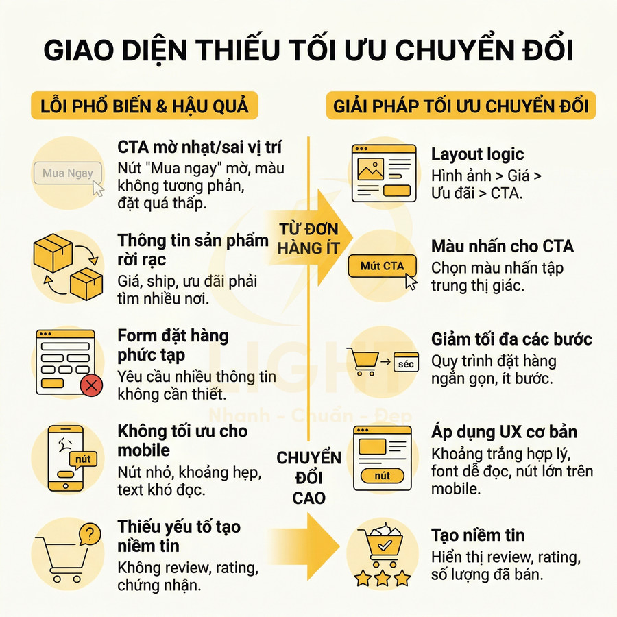 Mô tả giao diện website bán hàng với lỗi phổ biến và giải pháp tối ưu CTA, form đặt hàng, UX và tạo niềm tin