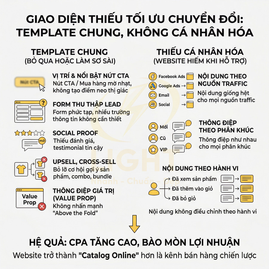 Infographic về giao diện website thiếu tối ưu chuyển đổi, nêu lỗi template chung và thiếu cá nhân hóa nội dung