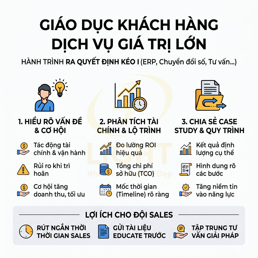 Infographic quy trình giáo dục khách hàng cho dịch vụ giá trị lớn và lợi ích cho đội ngũ sales