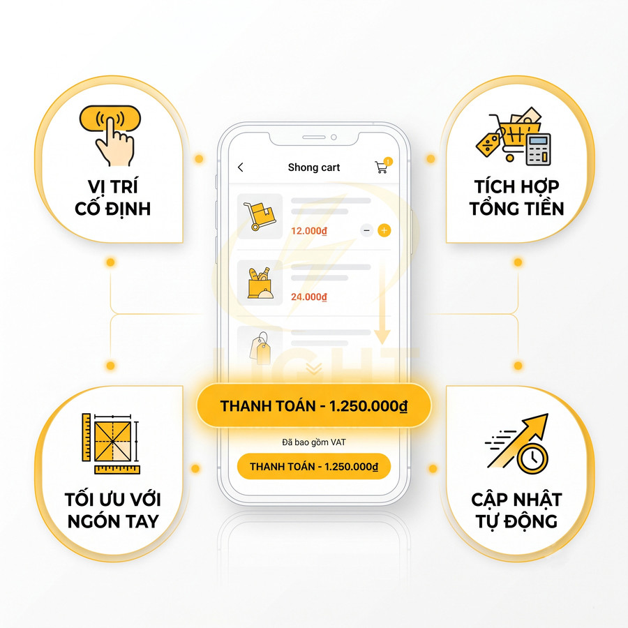 Giao diện giỏ hàng trên điện thoại với nút thanh toán cố định, tối ưu thao tác và tự động cập nhật tổng tiền
