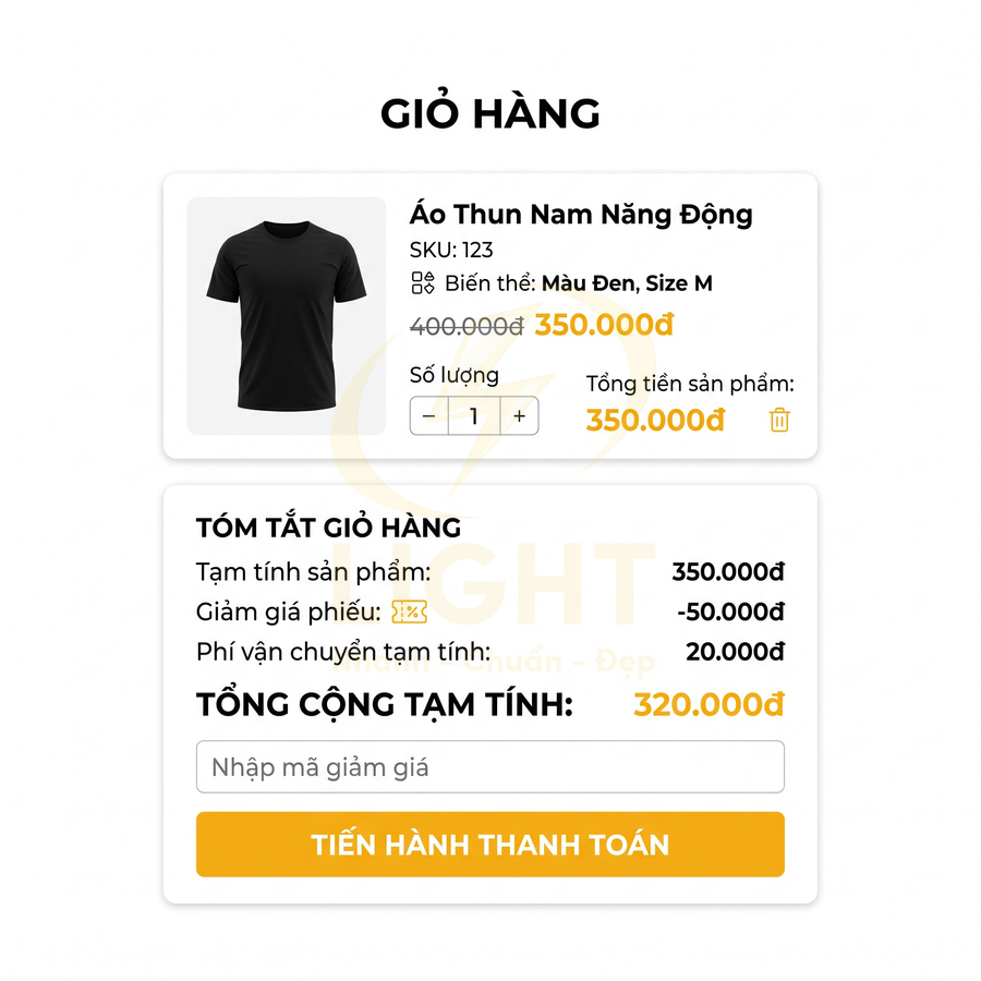 Giỏ hàng áo thun nam màu đen size M giá 350000đ với ô nhập mã giảm giá và nút tiến hành thanh toán