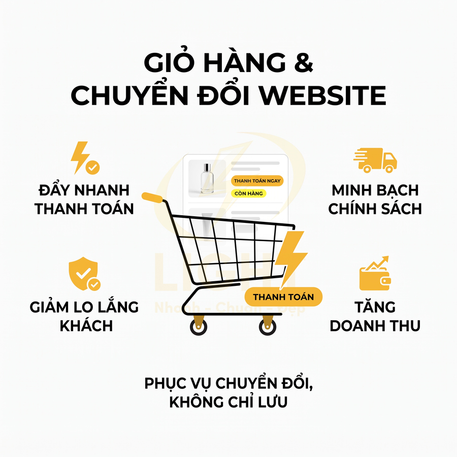 Giỏ hàng website với nút thanh toán nhanh và các lợi ích tăng chuyển đổi, minh bạch chính sách, tăng doanh thu