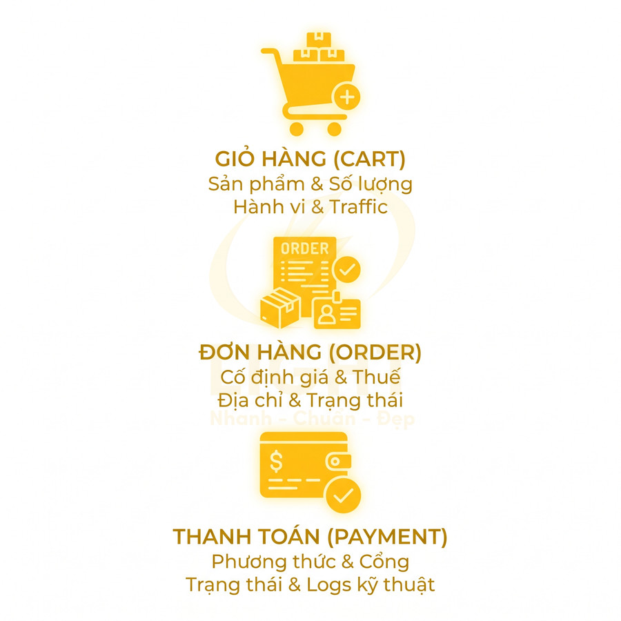 Quy trình mua sắm online với biểu tượng giỏ hàng, đơn hàng và thanh toán màu vàng trên nền trắng