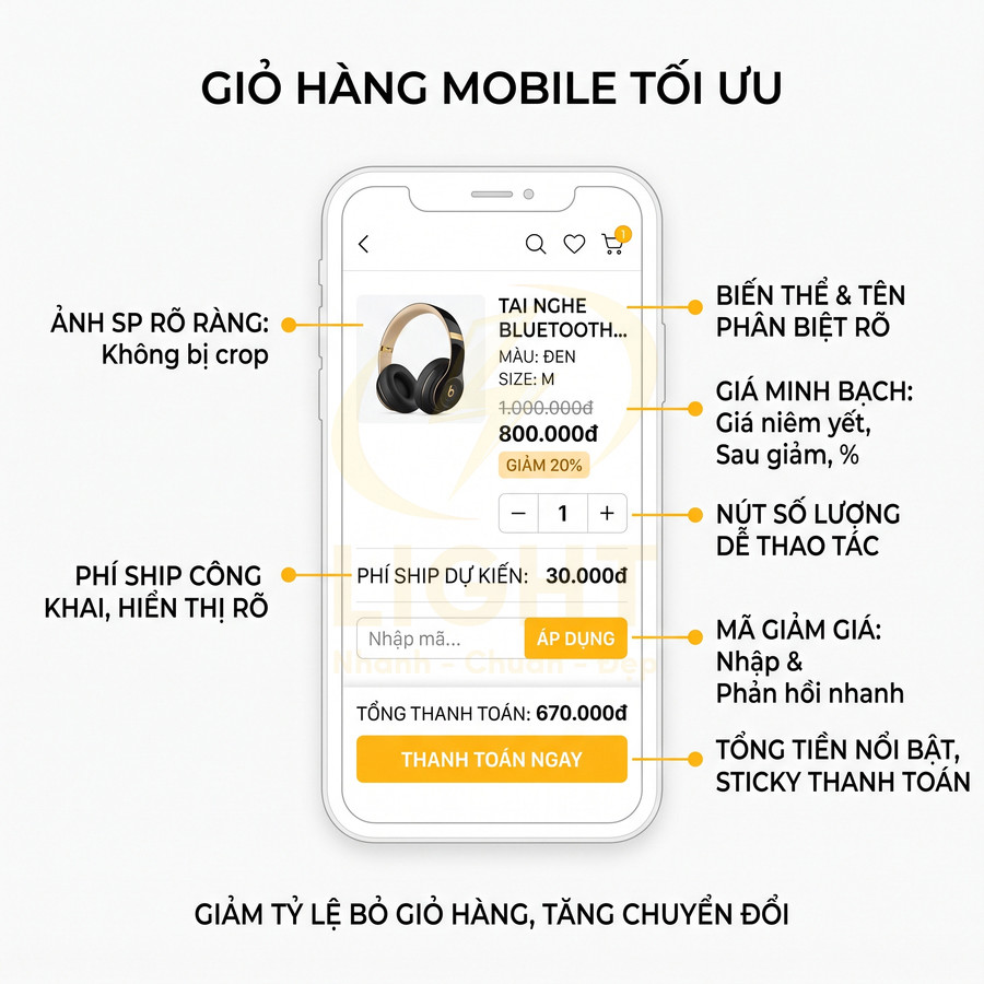Giao diện giỏ hàng mobile hiển thị tai nghe Bluetooth màu đen vàng, giá khuyến mãi và nút thanh toán ngay