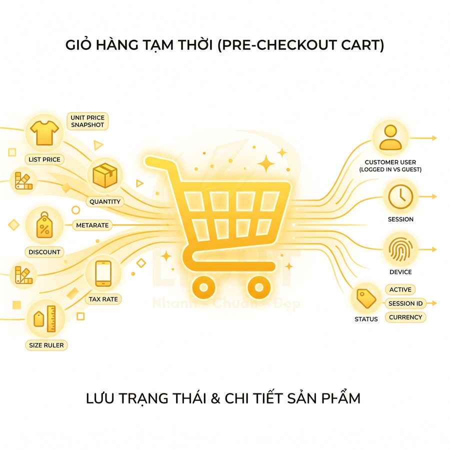 Giỏ hàng tạm thời màu vàng minh họa lưu trạng thái và chi tiết sản phẩm trong quá trình mua sắm online