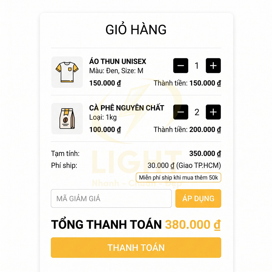 Giỏ hàng online với áo thun unisex màu đen size M và cà phê nguyên chất 1kg, tổng thanh toán 380000 đồng