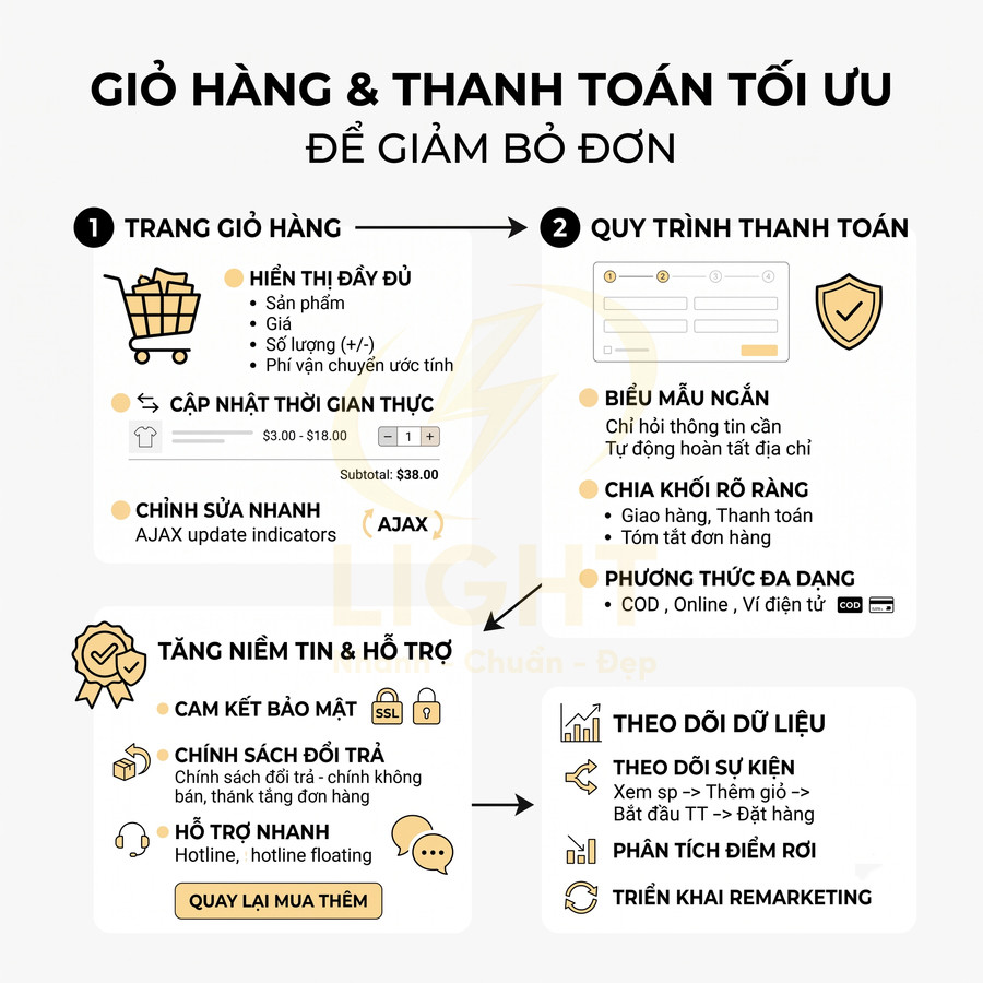 Infographic tối ưu giỏ hàng và quy trình thanh toán online để giảm bỏ đơn, tăng niềm tin và hỗ trợ khách hàng