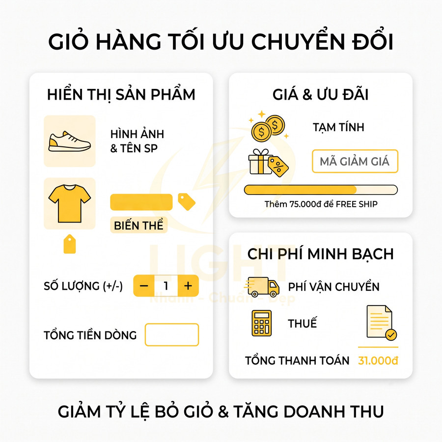 Mẫu giao diện giỏ hàng tối ưu chuyển đổi với hiển thị sản phẩm, giá ưu đãi và chi phí minh bạch