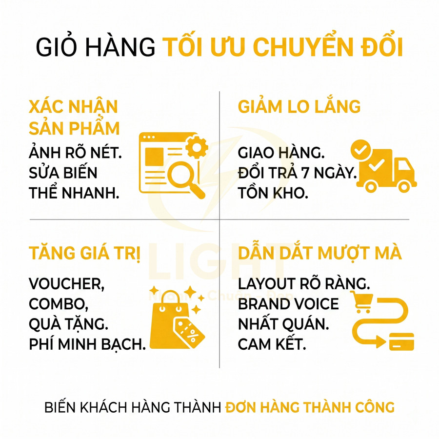 Infographic tối ưu giỏ hàng chuyển đổi với xác nhận sản phẩm, giảm lo lắng, tăng giá trị và dẫn dắt mượt mà