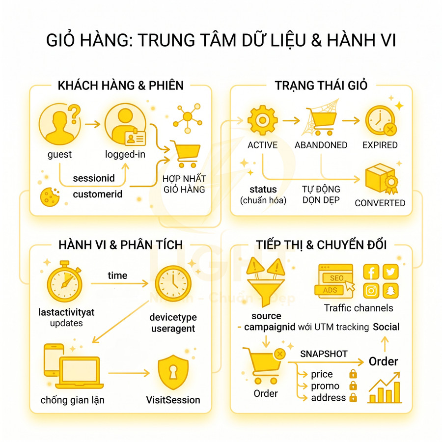 Sơ đồ giỏ hàng trung tâm dữ liệu và hành vi khách hàng, trạng thái đơn hàng, phân tích và tiếp thị chuyển đổi