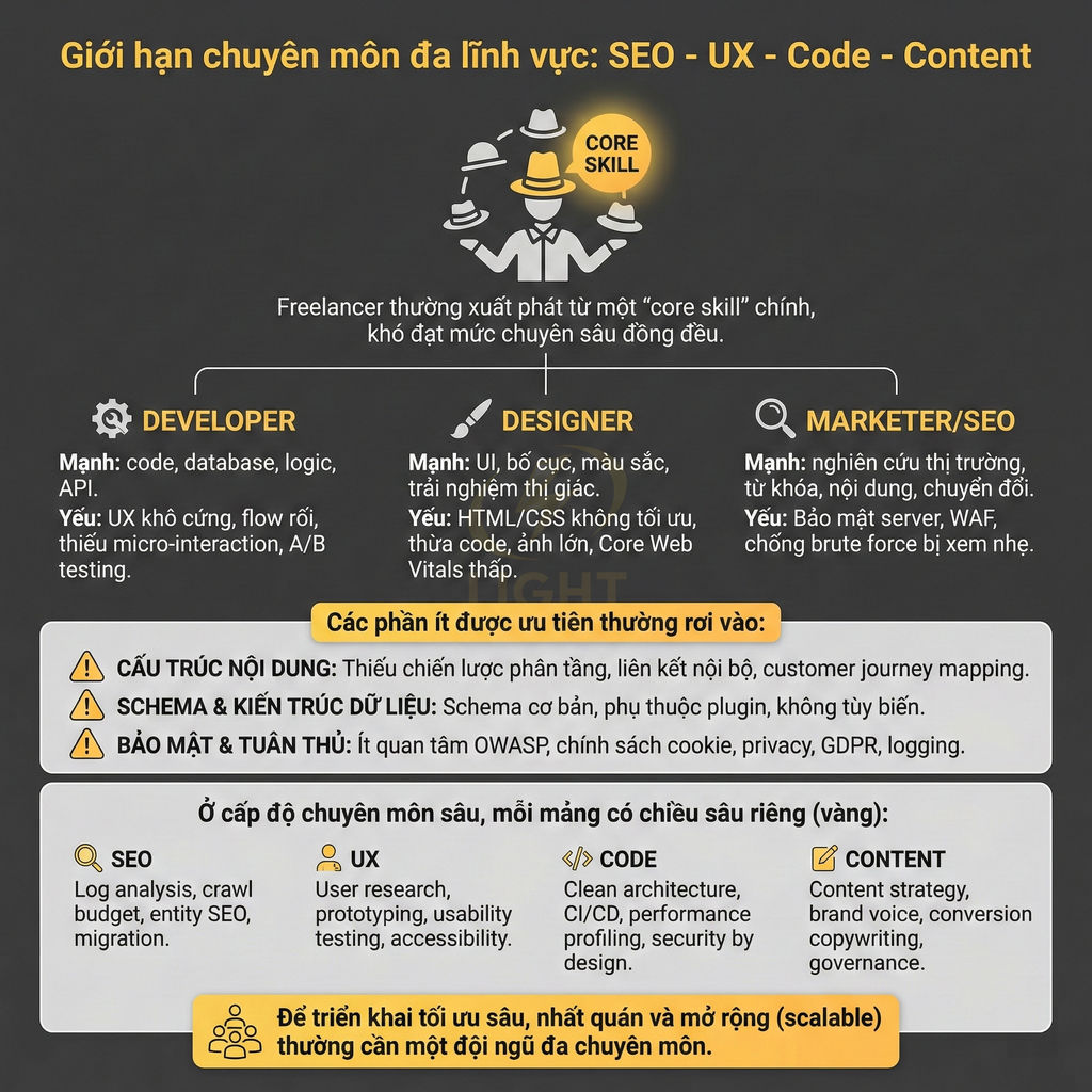 Infographic giới hạn chuyên môn đa lĩnh vực SEO UX Code Content và vai trò developer designer marketer SEO