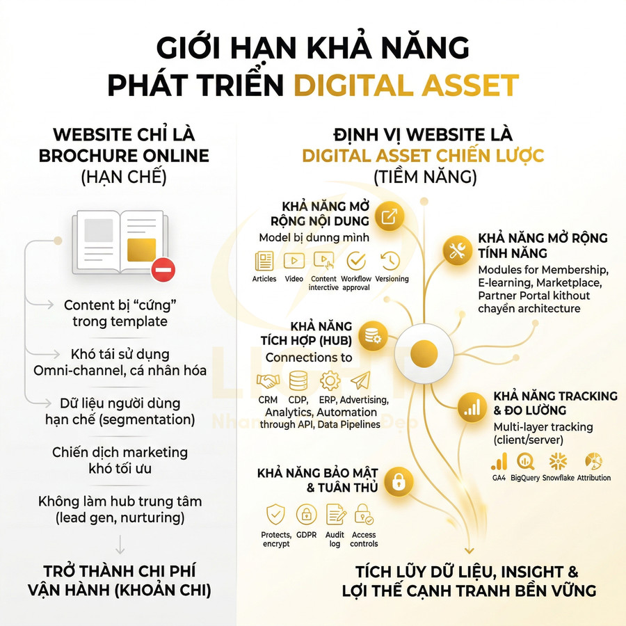Infographic so sánh website brochure online hạn chế với website là digital asset chiến lược và các khả năng mở rộng