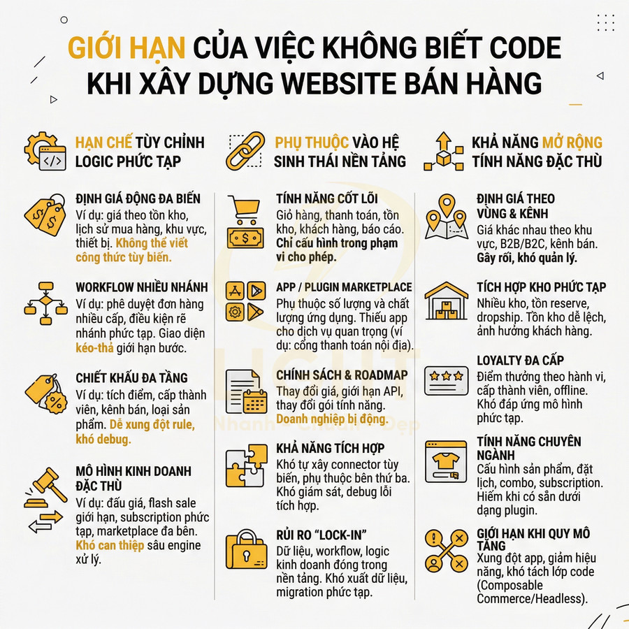 Infographic giới hạn của việc không biết code khi xây dựng website bán hàng và các rủi ro phụ thuộc nền tảng