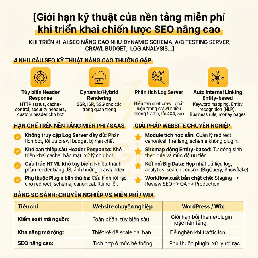 Infographic giới hạn kỹ thuật nền tảng miễn phí khi triển khai chiến lược SEO nâng cao và so sánh với website chuyên nghiệp