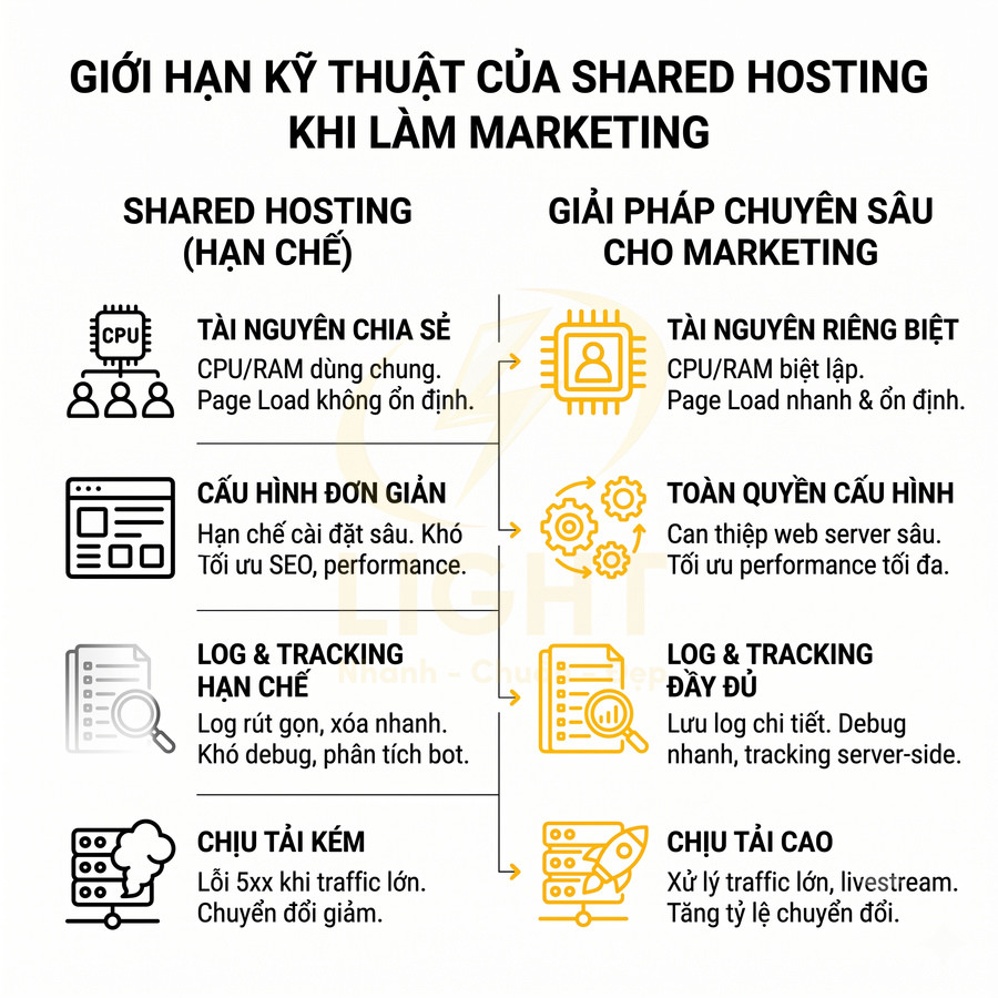So sánh giới hạn kỹ thuật shared hosting và giải pháp hosting chuyên sâu cho marketing bằng các mục liệt kê