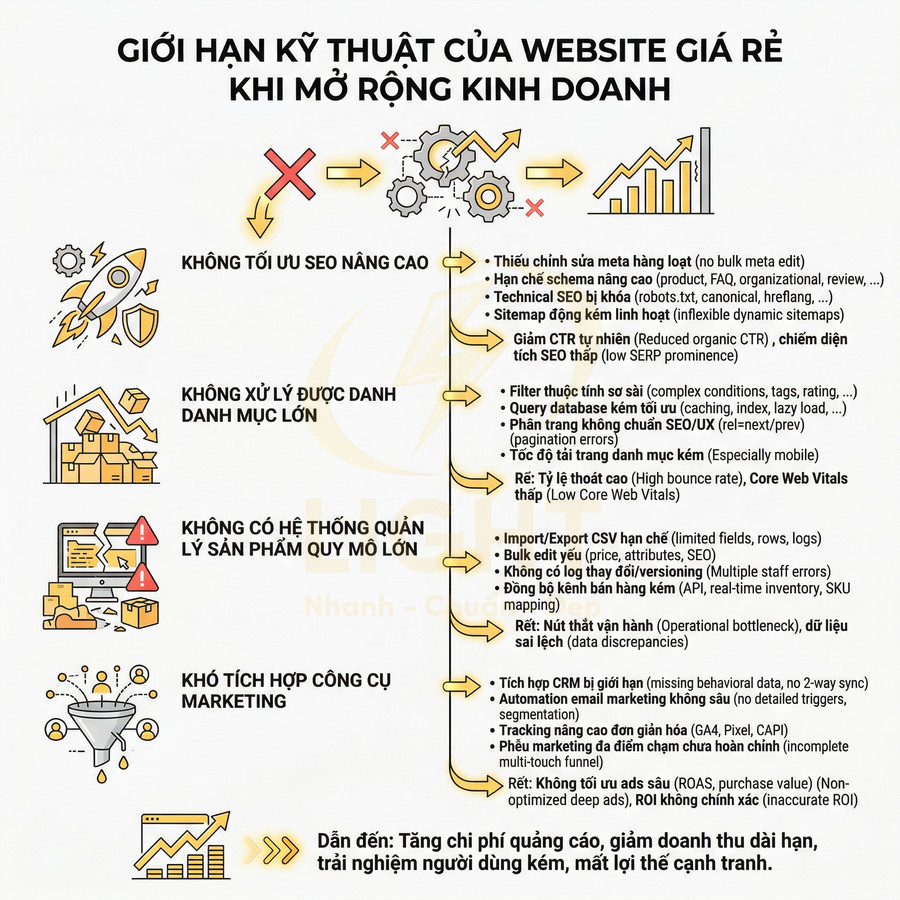 Infographic giới hạn kỹ thuật của website giá rẻ khi mở rộng kinh doanh và các rủi ro về SEO, quản lý sản phẩm, marketing