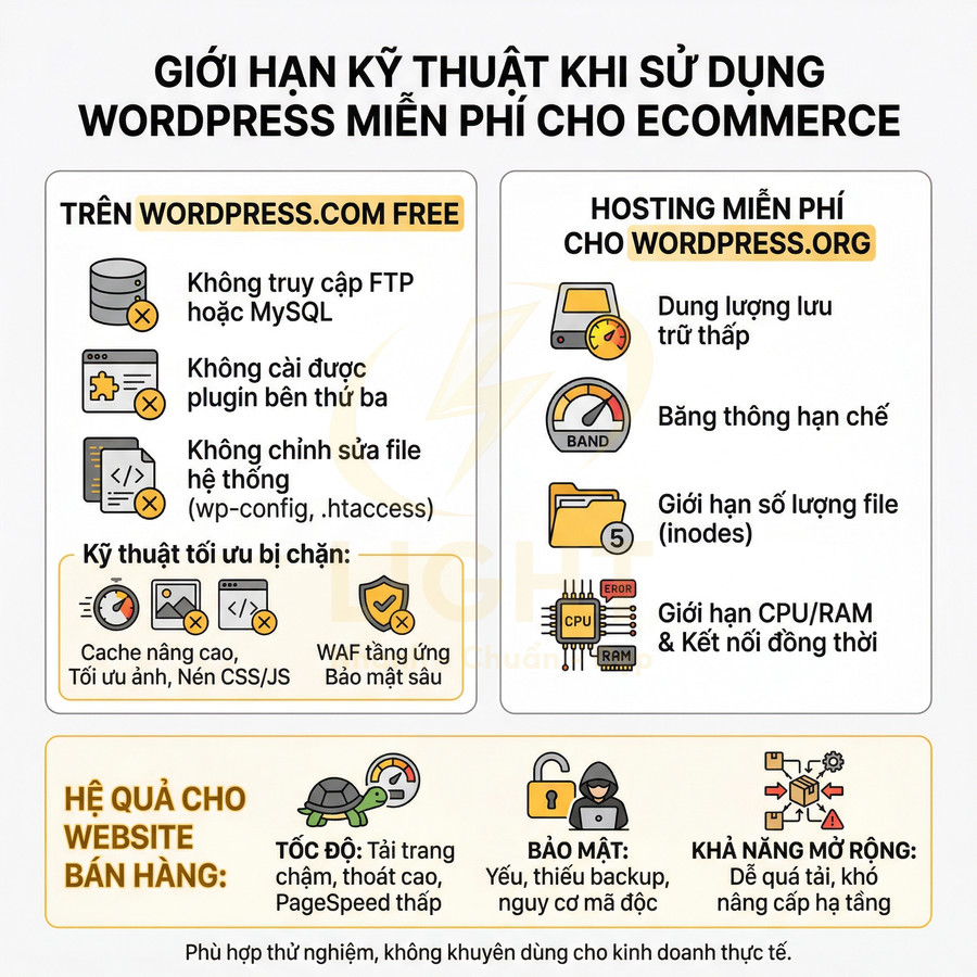 Infographic giới hạn kỹ thuật khi dùng WordPress miễn phí cho ecommerce và hệ quả cho website bán hàng