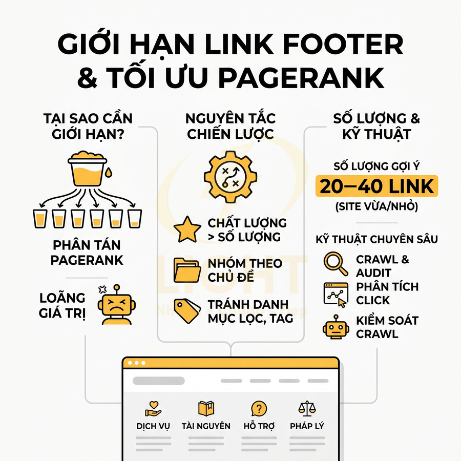 Hướng dẫn giới hạn link footer và tối ưu PageRank với nguyên tắc chất lượng hơn số lượng, gợi ý 20-40 link cho site nhỏ