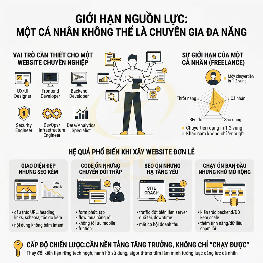 Infographic giới hạn nguồn lực khi một cá nhân làm website, liệt kê các vai trò cần thiết và hậu quả khi xây website đơn lẻ