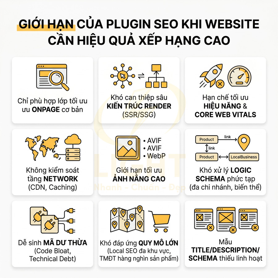 Infographic giới hạn của plugin SEO khi tối ưu website nâng cao về onpage, hiệu năng, kiến trúc render, network và schema