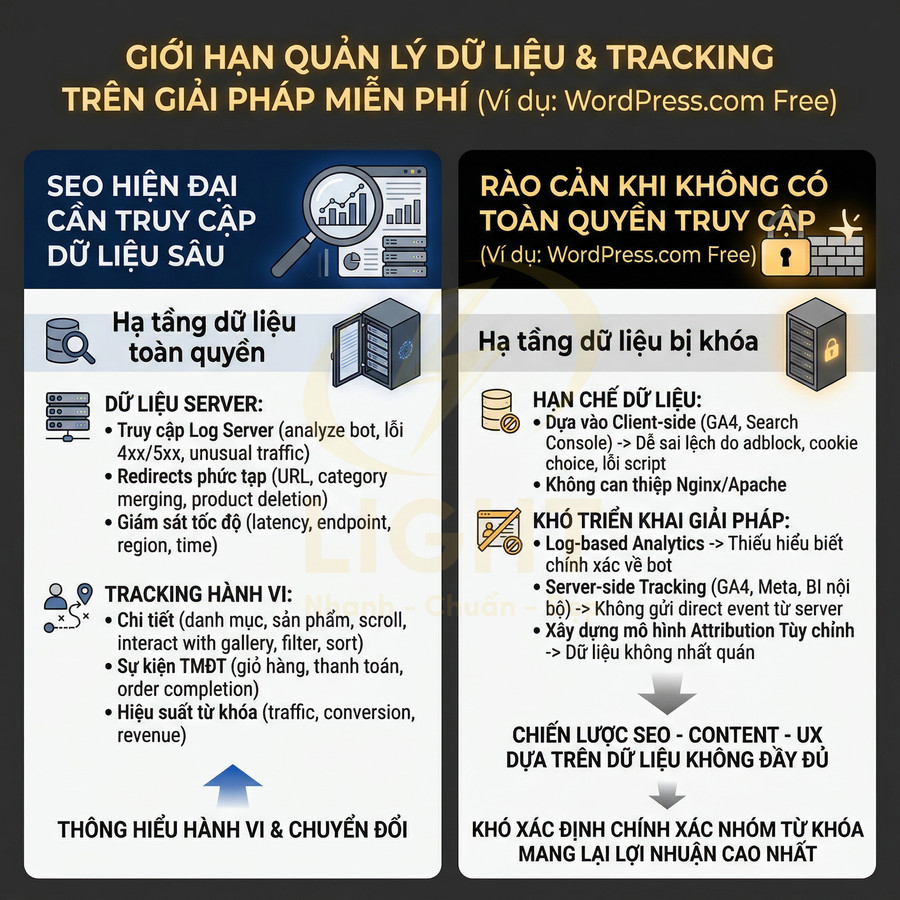 Infographic so sánh giới hạn quản lý dữ liệu và tracking SEO trên giải pháp miễn phí như WordPress.com Free