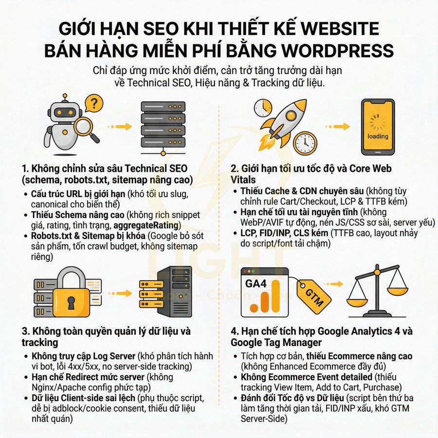 Infographic giới hạn SEO khi thiết kế website bán hàng miễn phí bằng WordPress, nêu 4 nhóm vấn đề chính