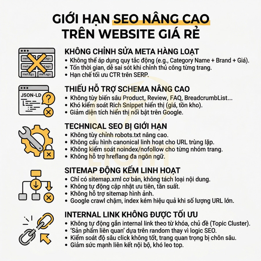 Infographic giới hạn SEO nâng cao trên website giá rẻ với các vấn đề meta, schema, technical SEO, sitemap và internal link