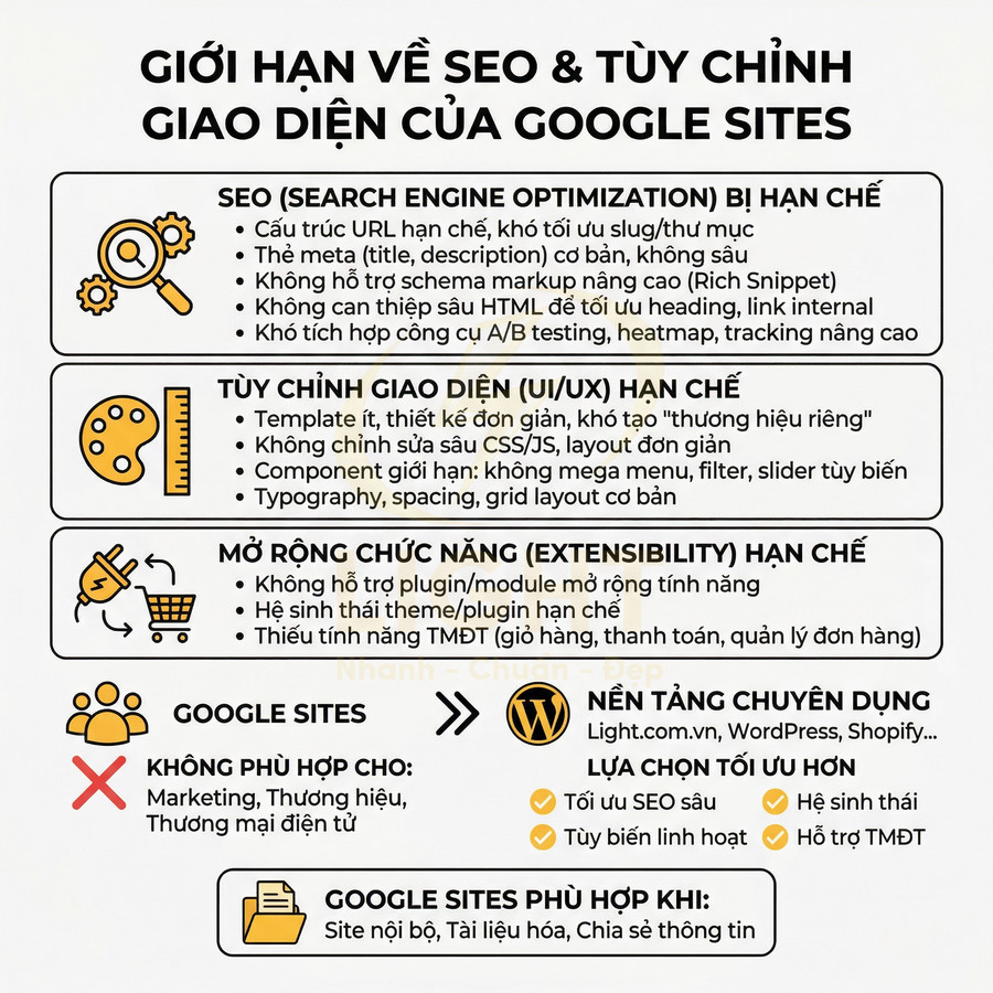Infographic giới hạn SEO, tùy chỉnh giao diện và chức năng của Google Sites so với nền tảng chuyên dụng như WordPress