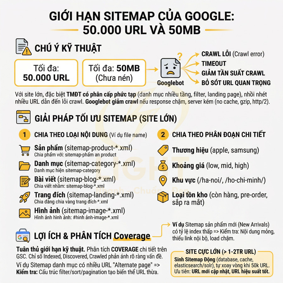 Infographic giới hạn sitemap Google 50000 URL 50MB và cách tối ưu sitemap cho website lớn