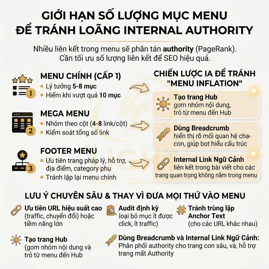 Infographic hướng dẫn giới hạn số lượng mục menu website để tránh loãng internal authority cho SEO