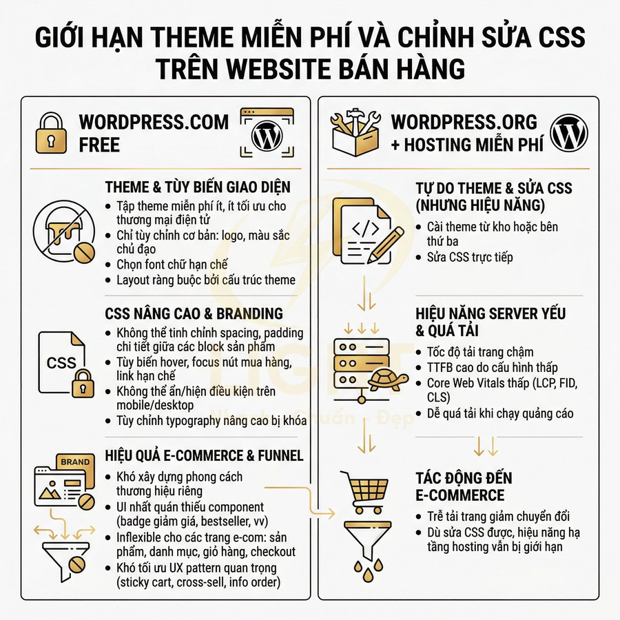 Infographic so sánh giới hạn theme miễn phí và chỉnh sửa CSS giữa WordPress.com và WordPress.org cho website bán hàng