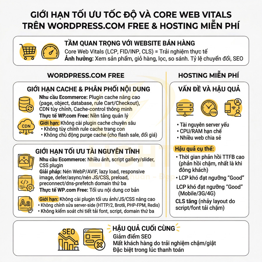 Giới hạn tối ưu tốc độ và Core Web Vitals khi dùng WordPress.com Free và hosting miễn phí cho website bán hàng