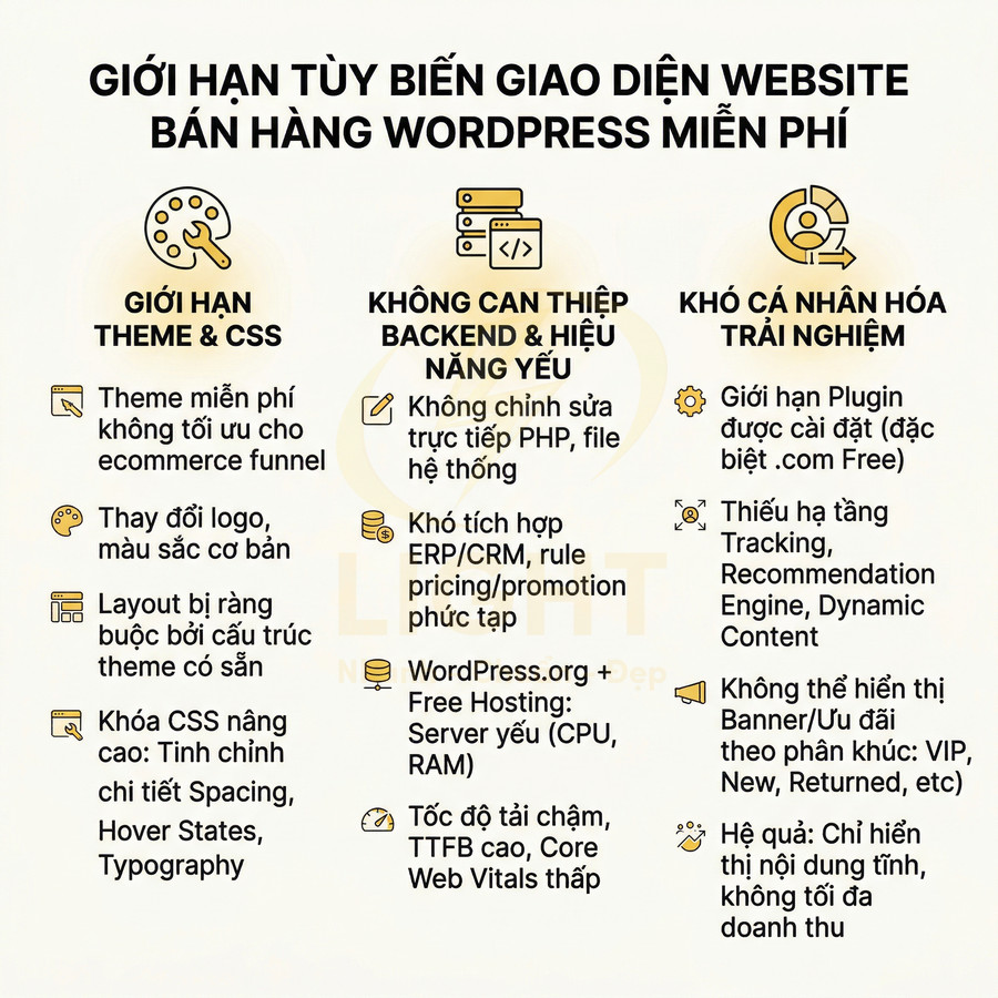 Giới hạn tùy biến giao diện website bán hàng với WordPress miễn phí về theme, backend và cá nhân hóa trải nghiệm