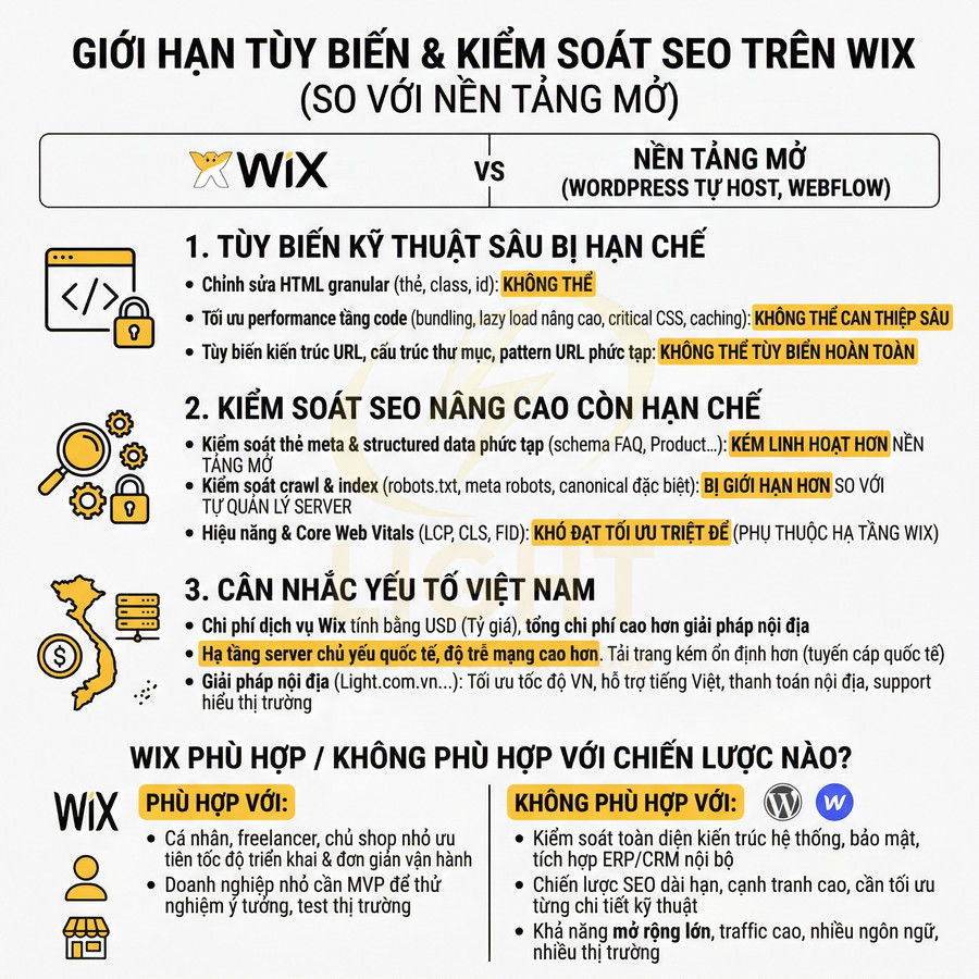 Infographic so sánh giới hạn tùy biến và kiểm soát SEO trên Wix với nền tảng mở WordPress, Webflow