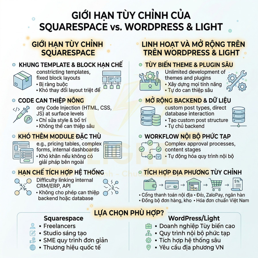 So sánh giới hạn tùy chỉnh Squarespace với sự linh hoạt mở rộng của WordPress và Light bằng tiếng Việt