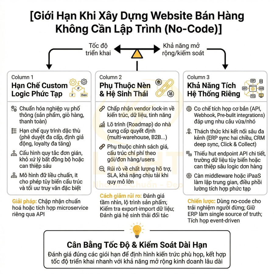 Infographic giới hạn khi xây dựng website bán hàng no code và cách cân bằng tốc độ với khả năng mở rộng