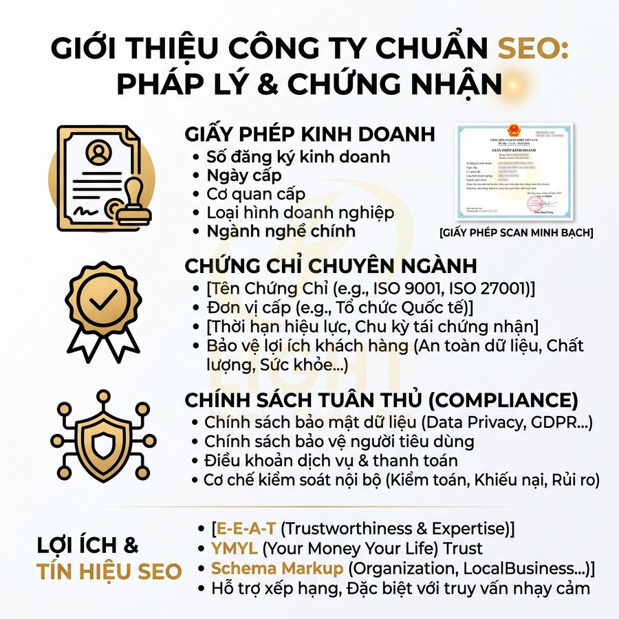 Infographic giới thiệu pháp lý, chứng nhận, chính sách tuân thủ và lợi ích SEO khi trình bày thông tin công ty