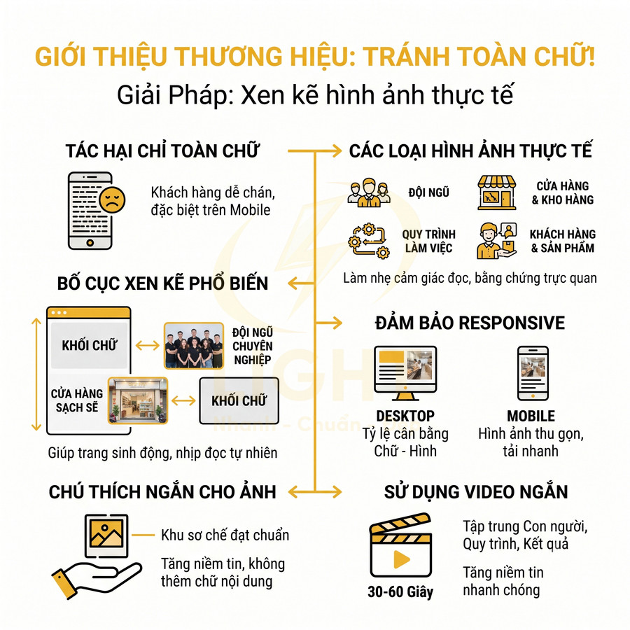Hướng dẫn giới thiệu thương hiệu bằng cách xen kẽ hình ảnh thực tế, bố cục chữ và ảnh, tối ưu desktop mobile